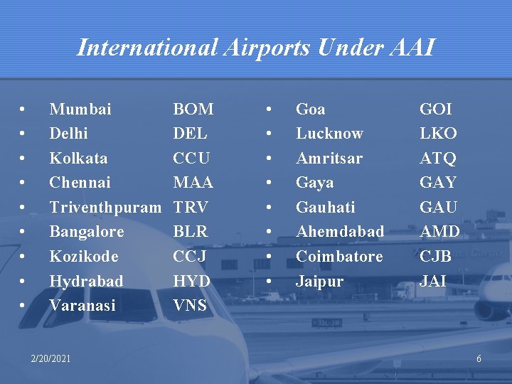 International Airports Under AAI • • • Mumbai Delhi Kolkata Chennai Triventhpuram Bangalore Kozikode
