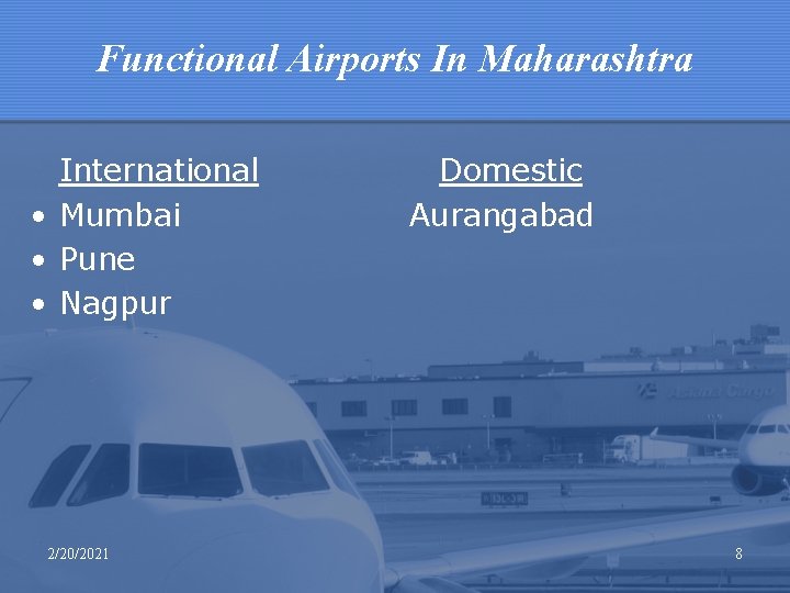 Functional Airports In Maharashtra International • Mumbai • Pune • Nagpur 2/20/2021 Domestic Aurangabad