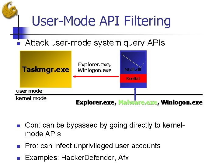 User-Mode API Filtering n Attack user-mode system query APIs Taskmgr. exe Explorer. exe, Winlogon.