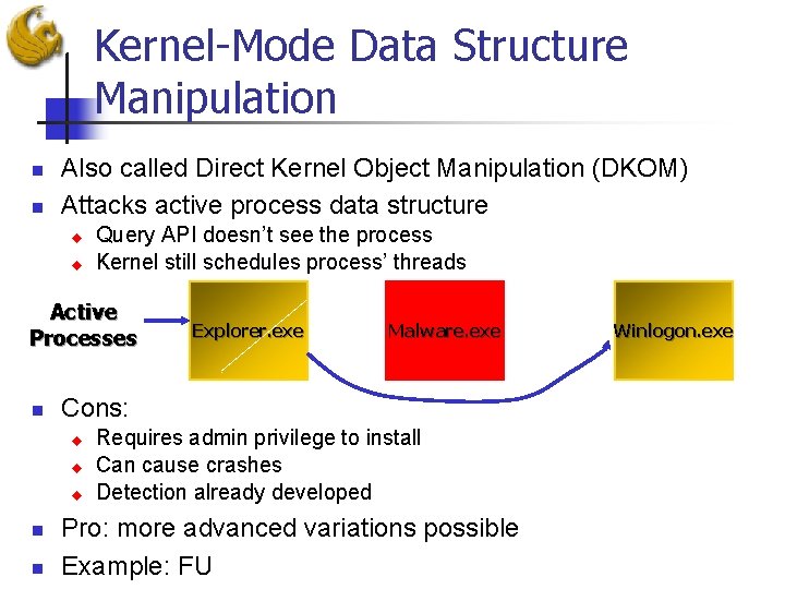 Kernel-Mode Data Structure Manipulation n n Also called Direct Kernel Object Manipulation (DKOM) Attacks