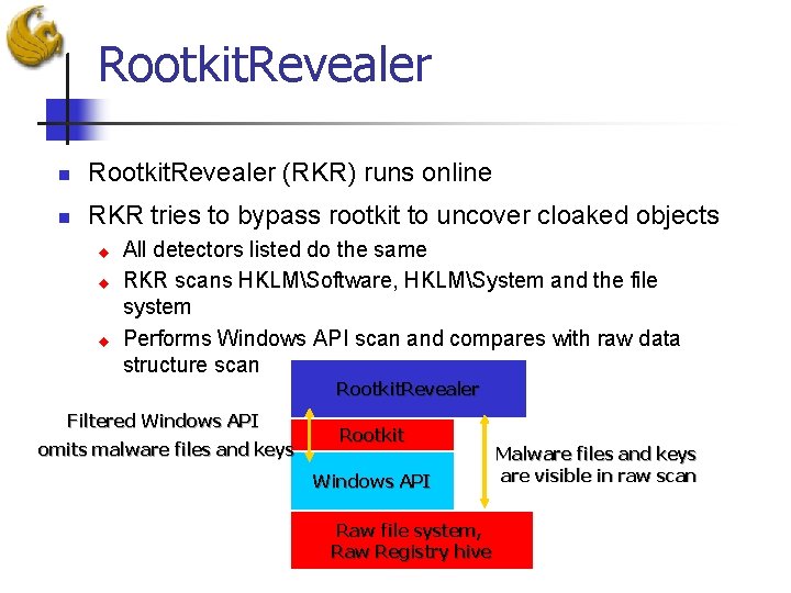 Rootkit. Revealer n Rootkit. Revealer (RKR) runs online n RKR tries to bypass rootkit