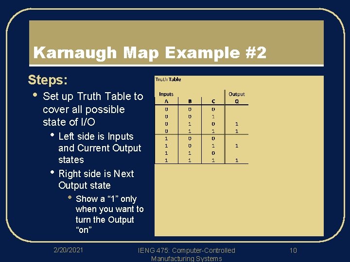 Karnaugh Map Example #2 l Steps: • Set up Truth Table to cover all