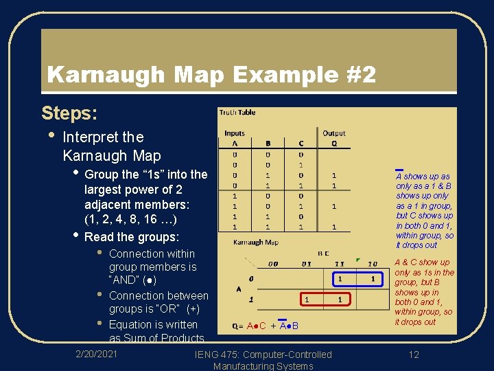 Karnaugh Map Example #2 l Steps: • Interpret the Karnaugh Map • • Group