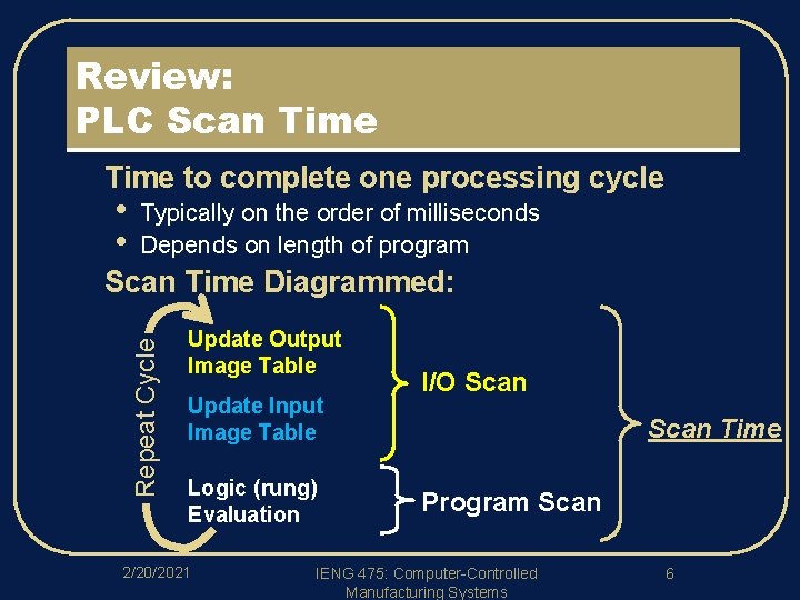 Review: PLC Scan Time l Time to complete one processing cycle • • Typically