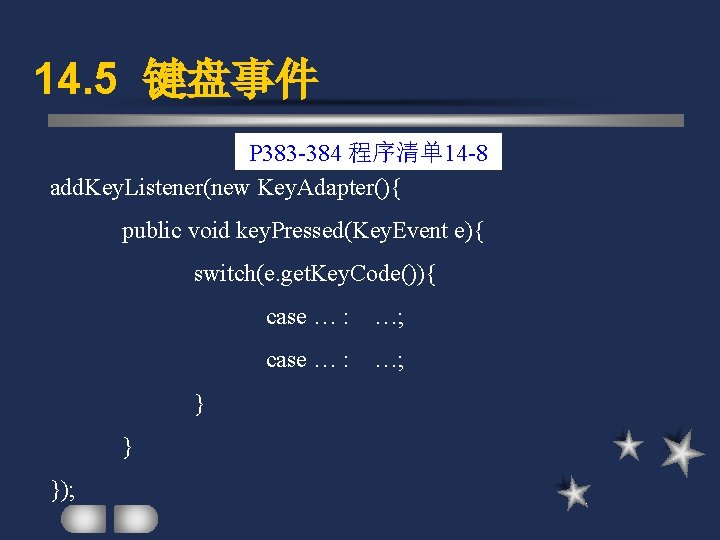 14. 5 键盘事件 P 383 -384 程序清单 14 -8 add. Key. Listener(new Key. Adapter(){