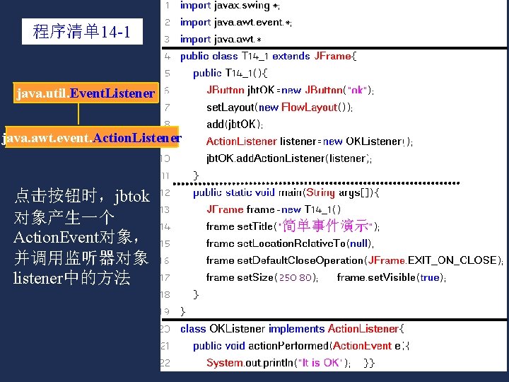 程序清单 14 -1 java. util. Event. Listener java. awt. event. Action. Listener 点击按钮时，jbtok 对象产生一个
