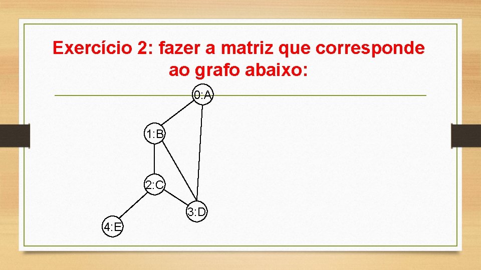 Exercício 2: fazer a matriz que corresponde ao grafo abaixo: 0: A 1: B