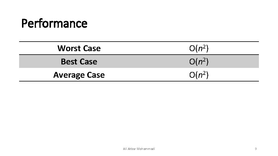 Performance Worst Case Best Case Average Case О(n 2) Ali Akbar Mohammadi 9 
