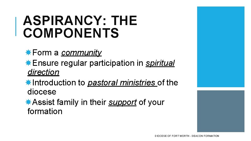 ASPIRANCY: THE COMPONENTS Form a community Ensure regular participation in spiritual direction Introduction to