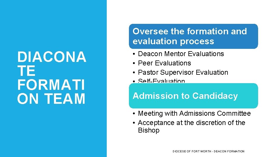 Oversee the formation and evaluation process DIACONA TE FORMATI ON TEAM • • Deacon Oversee the formation and evaluation process DIACONA TE FORMATI ON TEAM • • Deacon