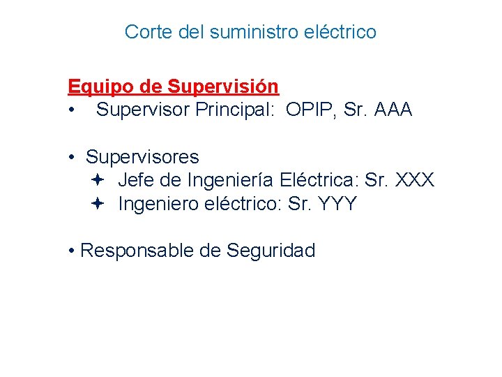 Corte del suministro eléctrico Equipo de Supervisión • Supervisor Principal: OPIP, Sr. AAA •