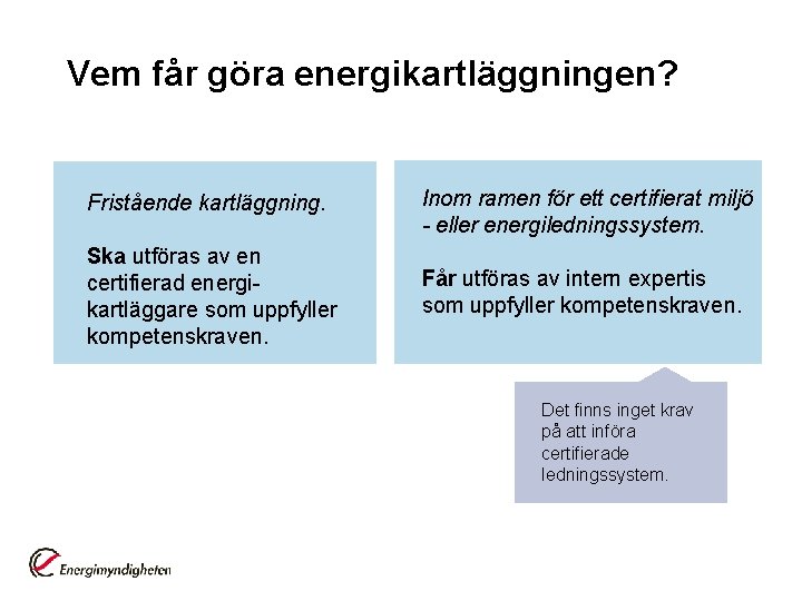 Vem får göra energikartläggningen? Fristående kartläggning. Inom ramen för ett certifierat miljö - eller