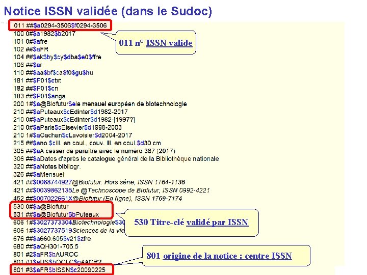 Notice ISSN validée (dans le Sudoc) 011 n° ISSN valide 530 Titre-clé validé par