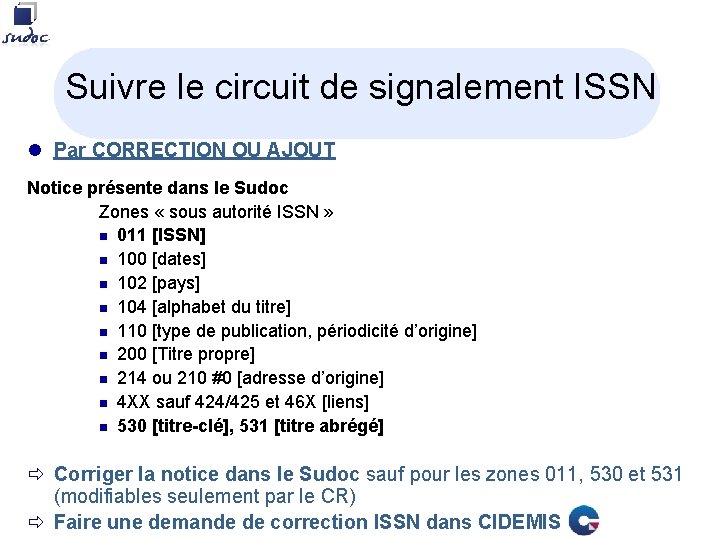 Suivre le circuit de signalement ISSN l Par CORRECTION OU AJOUT Notice présente dans