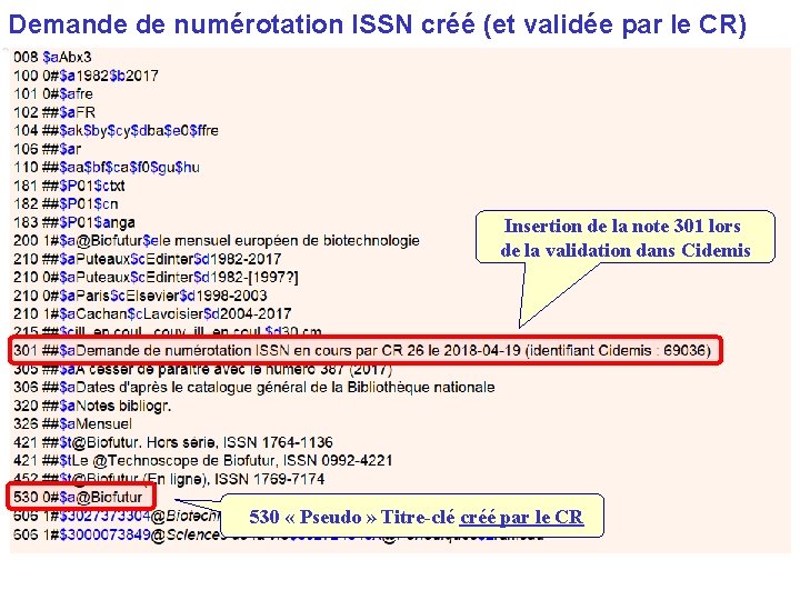 Demande de numérotation ISSN créé (et validée par le CR) Insertion de la note