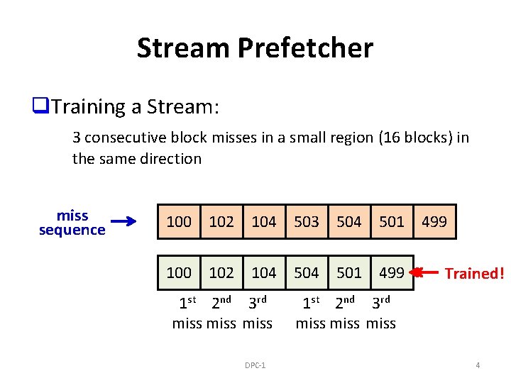 Stream Prefetcher q. Training a Stream: 3 consecutive block misses in a small region