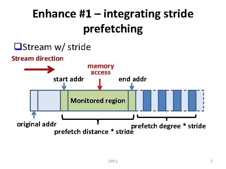 Enhance #1 – integrating stride prefetching q. Stream w/ stride Stream direction start addr