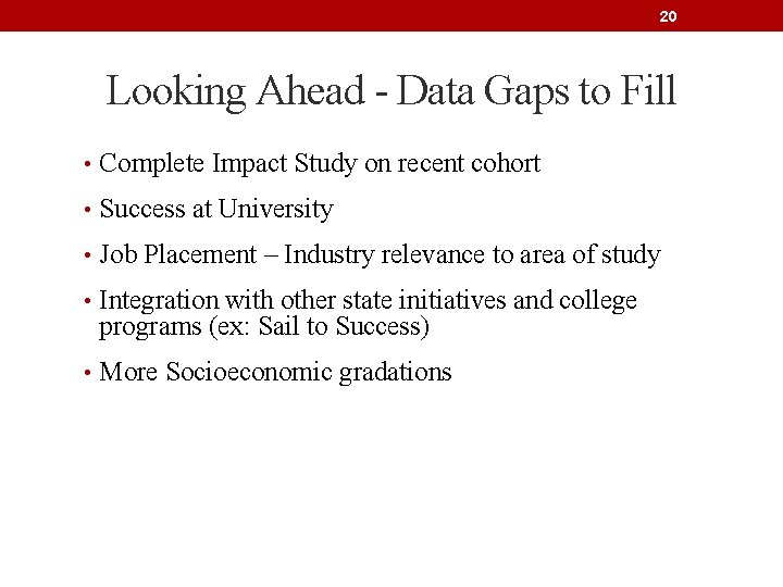 20 Looking Ahead - Data Gaps to Fill • Complete Impact Study on recent