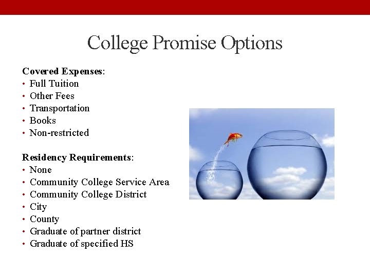 College Promise Options Covered Expenses: • Full Tuition • Other Fees • Transportation •