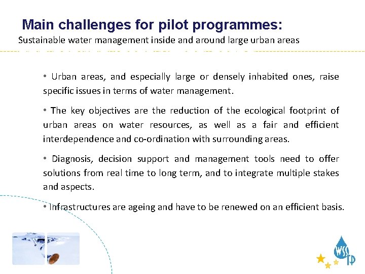 Sustainable water management Main challenges for pilot programmes: in: Sustainable water management inside and