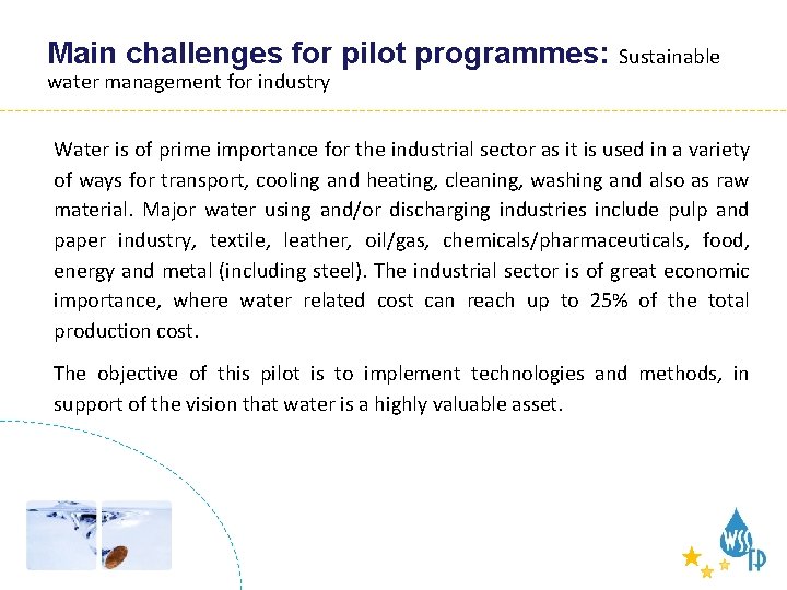 Sustainable water management Main challenges for pilot programmes: for Sustainable water management for industry