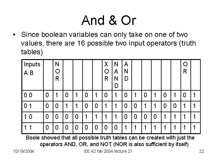 And & Or • Since boolean variables can only take on one of two