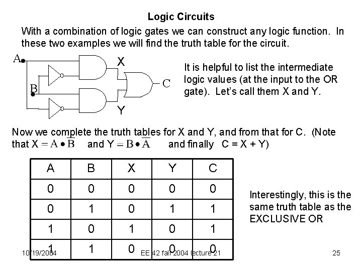 Logic Circuits With a combination of logic gates we can construct any logic function.