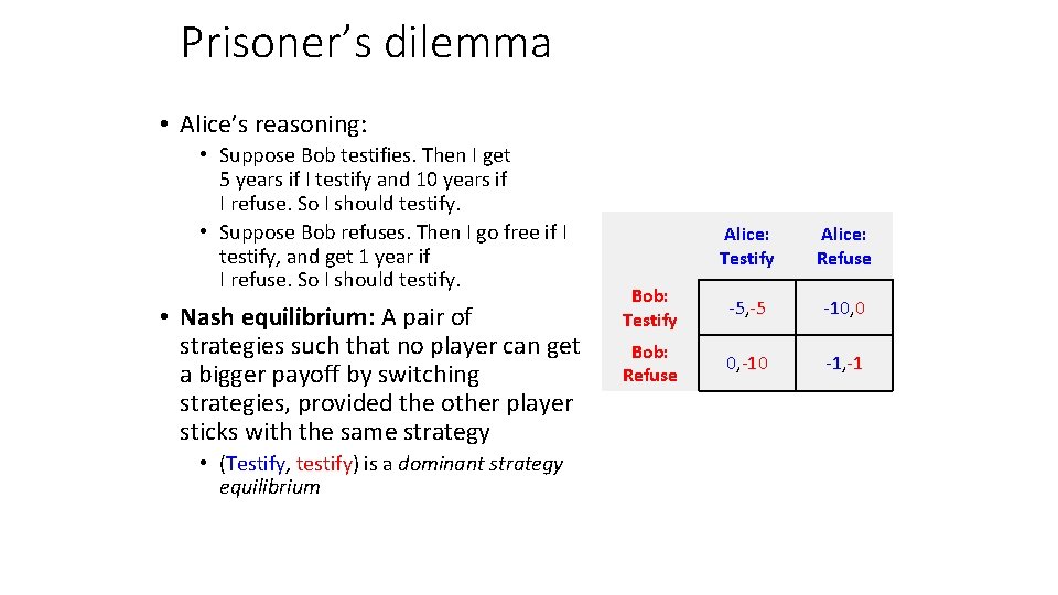 Prisoner’s dilemma • Alice’s reasoning: • Suppose Bob testifies. Then I get 5 years