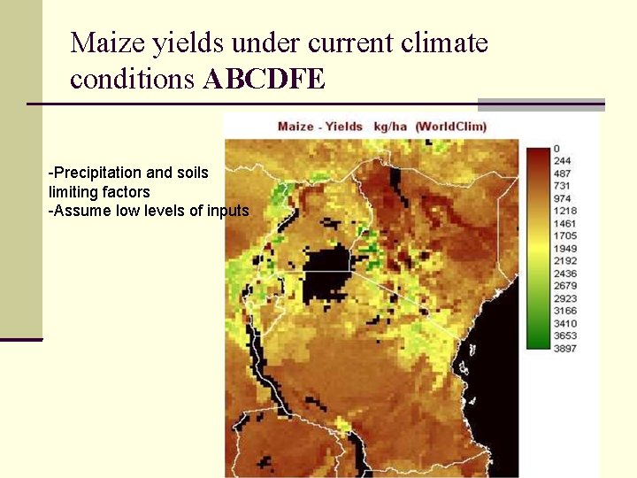 Maize yields under current climate conditions ABCDFE -Precipitation and soils limiting factors -Assume low