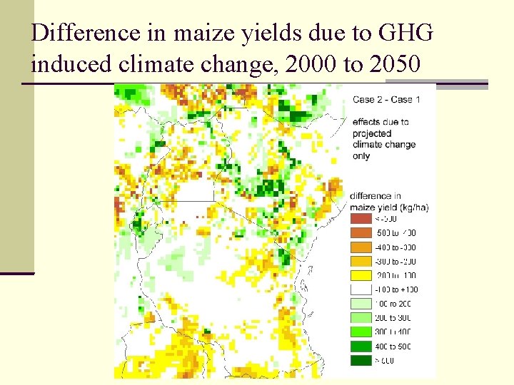 Difference in maize yields due to GHG induced climate change, 2000 to 2050 