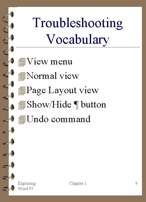 Troubleshooting Vocabulary 4 View menu 4 Normal view 4 Page Layout view 4 Show/Hide