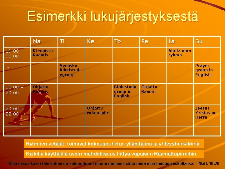 Esimerkki lukujärjestyksestä Ma 10: 00 – 12: 00 20: 00 – 22: 00 Ke