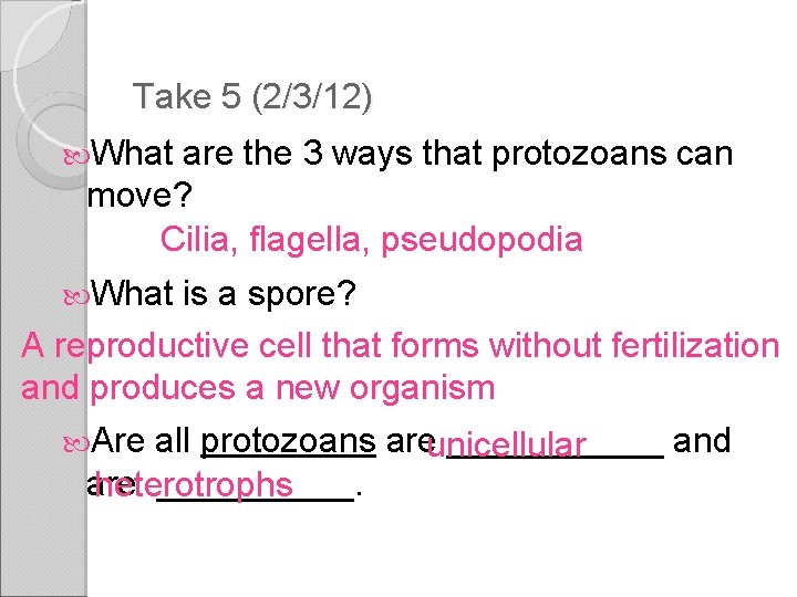 Take 5 (2/3/12) What are the 3 ways that protozoans can move? Cilia, flagella,