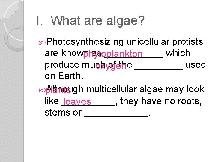 I. What are algae? Photosynthesizing unicellular protists are known as ______ which phytoplankton produce