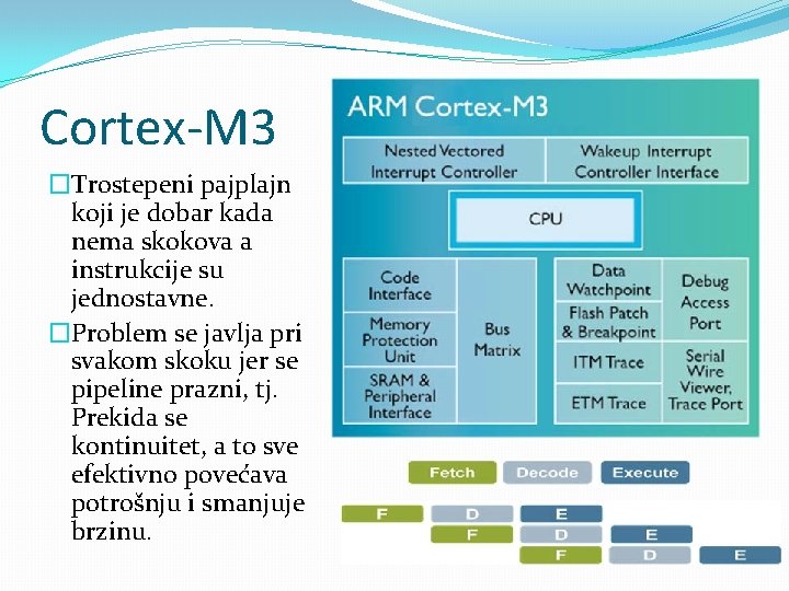 Cortex-M 3 �Trostepeni pajplajn koji je dobar kada nema skokova a instrukcije su jednostavne. Cortex-M 3 �Trostepeni pajplajn koji je dobar kada nema skokova a instrukcije su jednostavne.