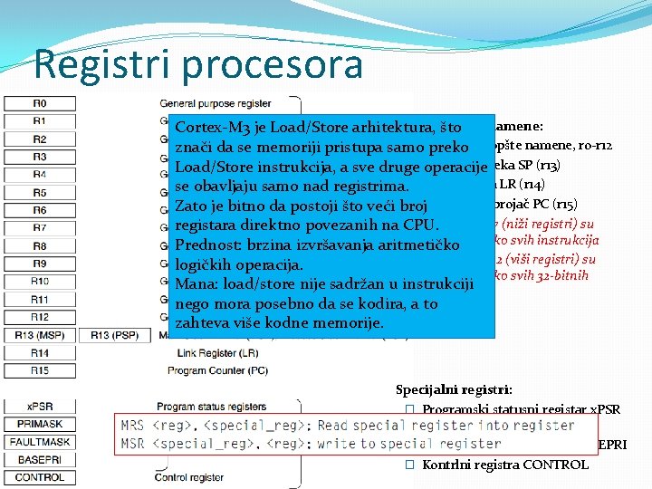 Registri procesora Registri opšte namene: Cortex-M 3 je Load/Store arhitektura, što � 13 registara Registri procesora Registri opšte namene: Cortex-M 3 je Load/Store arhitektura, što � 13 registara