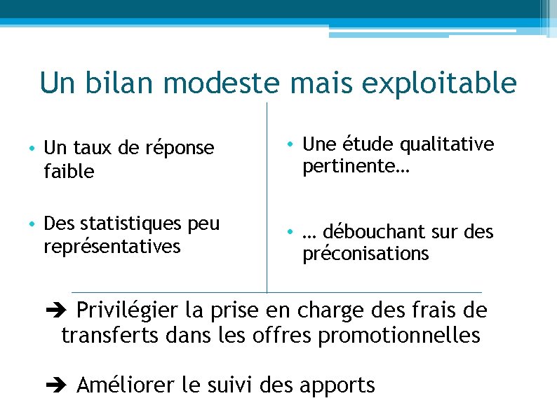 Un bilan modeste mais exploitable • Un taux de réponse faible • Une étude