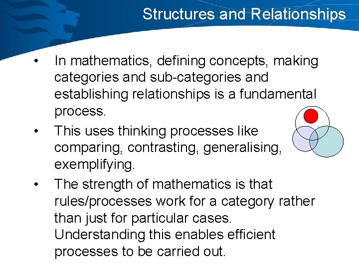 Structures and Relationships • • • In mathematics, defining concepts, making categories and sub-categories