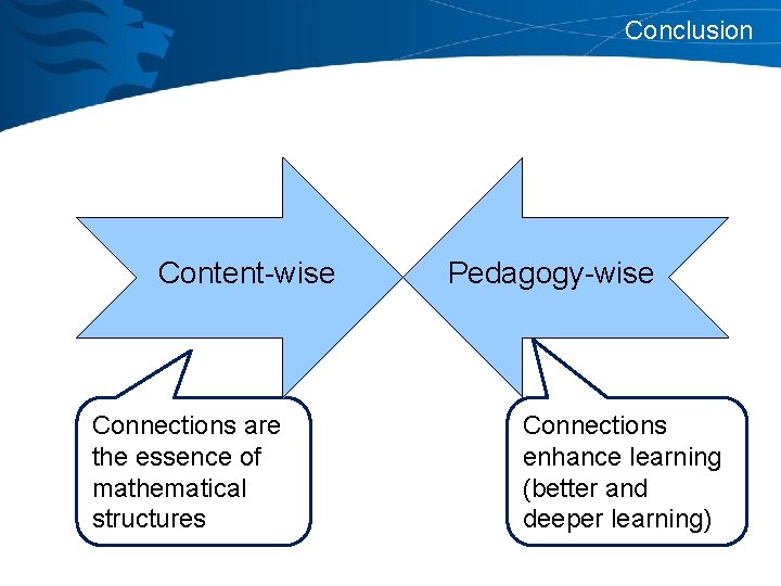 Conclusion Content-wise Connections are the essence of mathematical structures Pedagogy-wise Connections enhance learning (better