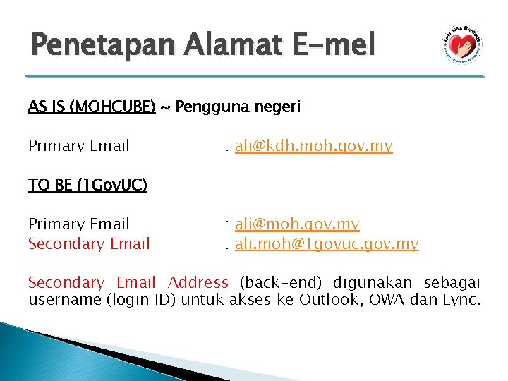 Penetapan Alamat E-mel AS IS (MOHCUBE) ~ Pengguna negeri Primary Email : ali@kdh. moh.