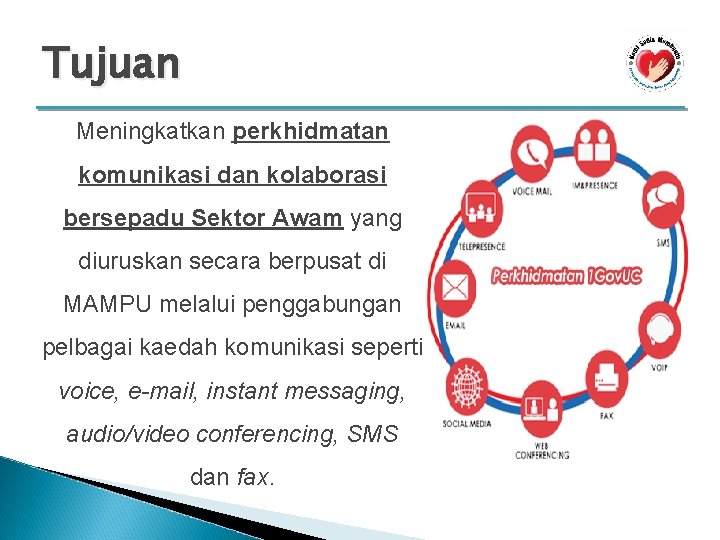 Tujuan Meningkatkan perkhidmatan komunikasi dan kolaborasi bersepadu Sektor Awam yang diuruskan secara berpusat di