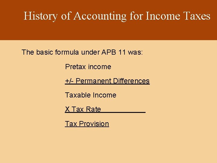 History of Accounting for Income Taxes The basic formula under APB 11 was: Pretax