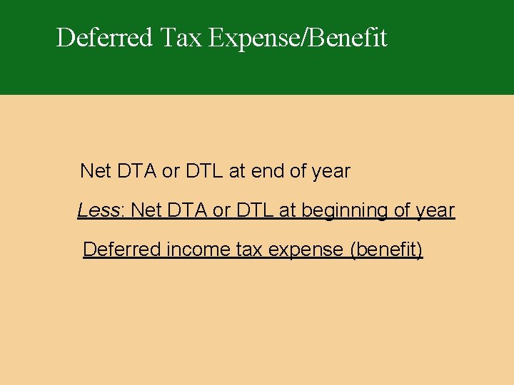 Deferred Tax Expense/Benefit Net DTA or DTL at end of year Less: Net DTA