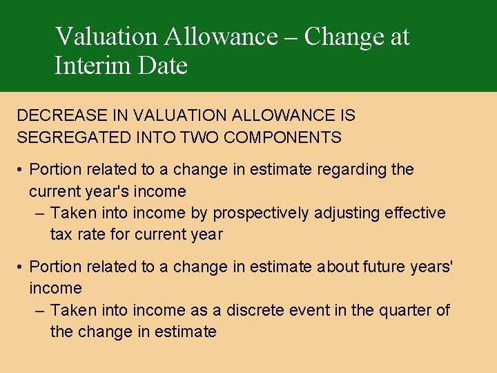 Valuation Allowance – Change at Interim Date DECREASE IN VALUATION ALLOWANCE IS SEGREGATED INTO