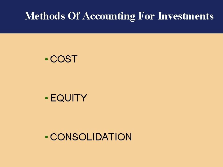 Methods Of Accounting For Investments • COST • EQUITY • CONSOLIDATION 