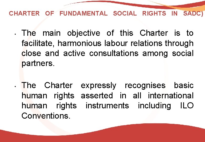 CHARTER OF FUNDAMENTAL SOCIAL RIGHTS IN SADC) • • The main objective of this