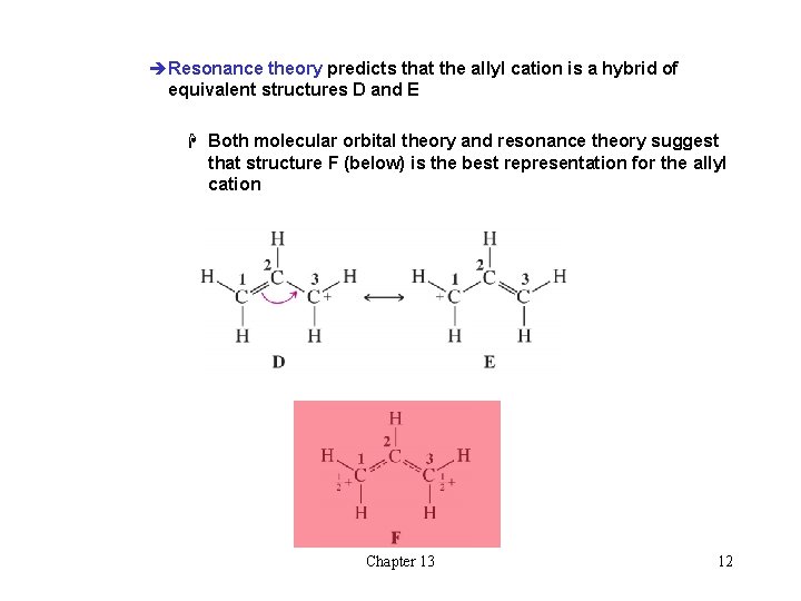 èResonance theory predicts that the allyl cation is a hybrid of equivalent structures D èResonance theory predicts that the allyl cation is a hybrid of equivalent structures D