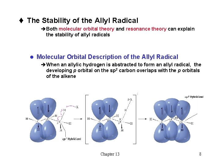 t The Stability of the Allyl Radical èBoth molecular orbital theory and resonance theory t The Stability of the Allyl Radical èBoth molecular orbital theory and resonance theory