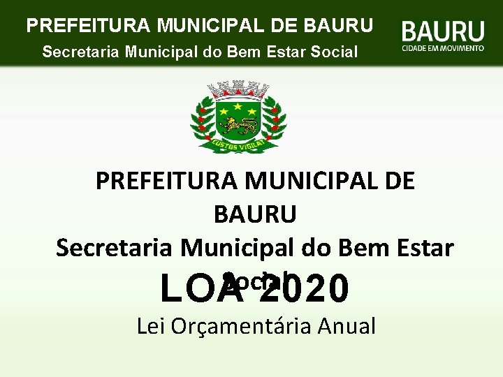 PREFEITURA MUNICIPAL DE BAURU Secretaria Municipal do Bem Estar Social LOA 2020 Lei Orçamentária