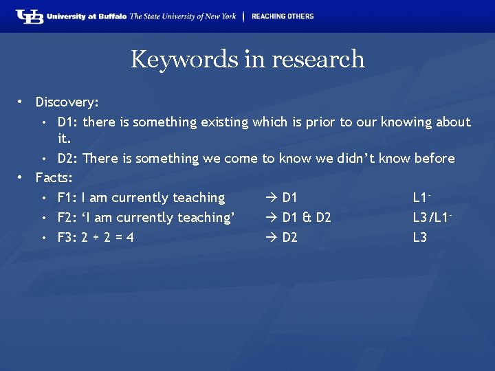 Keywords in research • Discovery: • D 1: there is something existing which is